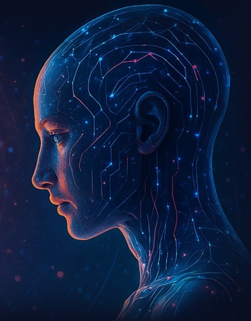 Digital face evolving forward, from the Authentica AI brand artwork